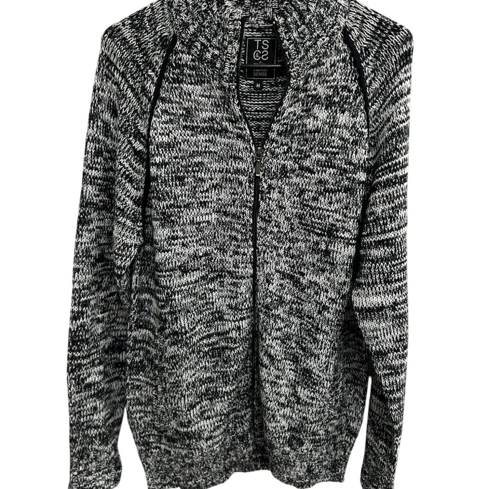 TS&CS Black & White Marled Full-Zip Mock Neck Knit Sweater Size M Cozy Casual